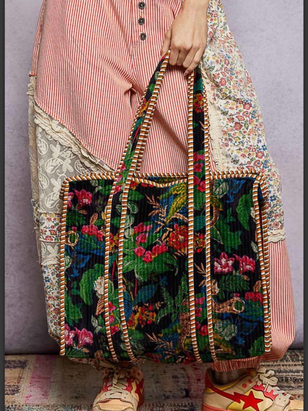 POL SMQP12 Floral Velvet Tote Bag with Striped Trim - Black Multi - Picture 5 of 10